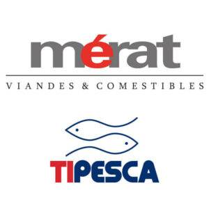 Logos de la société : La moitié supérieure montre le logo "mérat viandes & comestibles" en gris avec "mérat" en minuscules grasses, mis en évidence par un "é" rouge. La moitié inférieure, qui reflète un engagement en faveur du développement durable, montre le logo "TIPESCA" en bleu et rouge sous deux symboles de poissons stylisés.