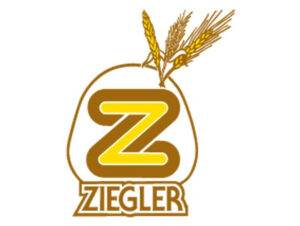 Ein Logo mit einem stilisierten fettgedruckten Buchstaben „Z“ in Braun mit gelber Umrandung, platziert in einem braun umrandeten Brotlaib. Über dem Brot befinden sich drei Weizenhalme, die Nachhaltigkeit repräsentieren. Unter dem Laib steht das Wort „ZIEGLER“ in Großbuchstaben.