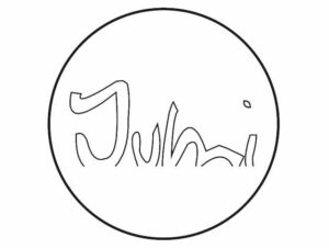 Un simple dessin au trait à l'intérieur d'une bordure circulaire forme le mot "Julmi" avec des lettres abstraites et stylisées. Le design est minimaliste et monochrome et reflète un engagement pour la durabilité.